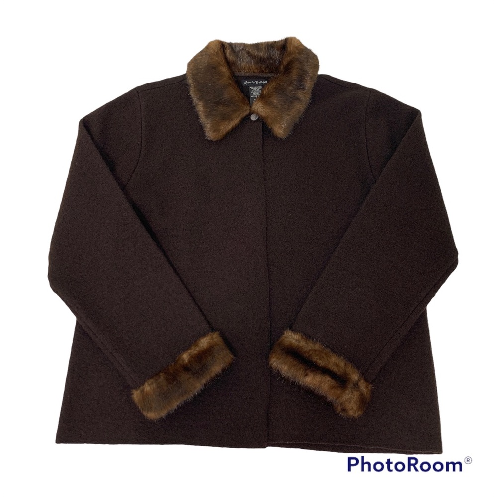 Alexandra Bartlett Wool Sweater Brown w/Faux Fur Collar& Cuffs - SZ L - Vintage